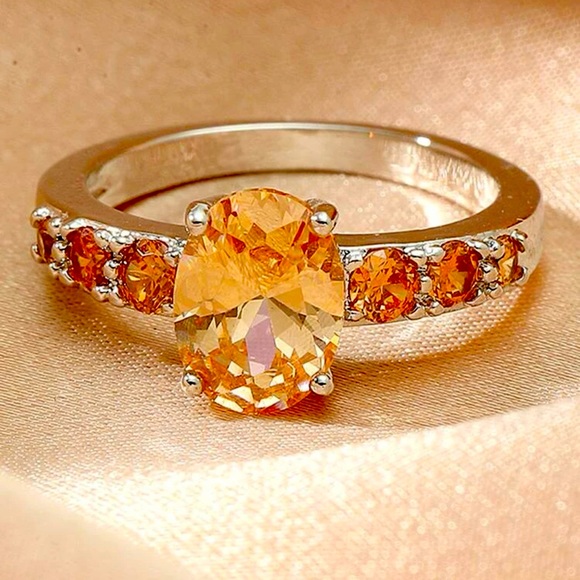 New S925 Sterling Silver Rare Golden Orange Topaz Oval Cut Luxurious Ring - Picture 2 of 16